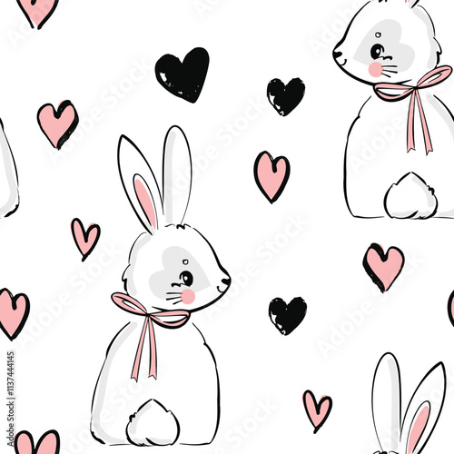 Hand Drawn Cute Bunny and Heart background vector seamless, Little Rabbit pattern Kids print.