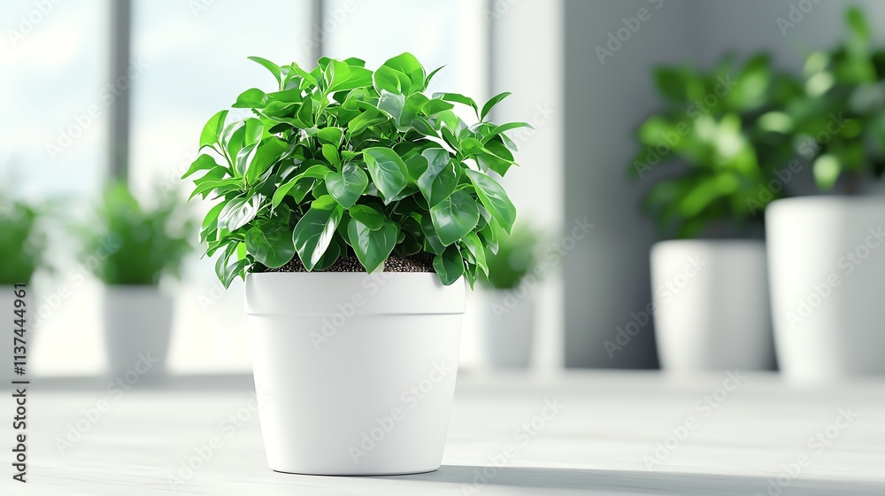 Fototapeta premium A vibrant green potted plant in a white pot, set in a bright room with more greenery in the background, creating a fresh and inviting atmosphere.