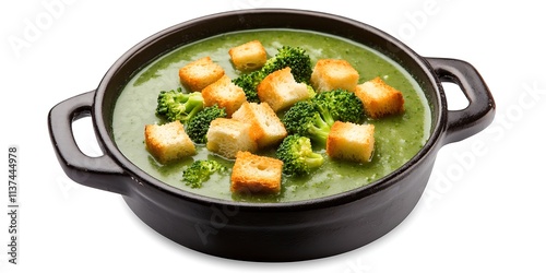 BroII skillet broccoli soup with croutons and green cheese on top isolated on transparent background cut out, PNG file . photo realistic ultra details on white background No noise neat and clean high  photo