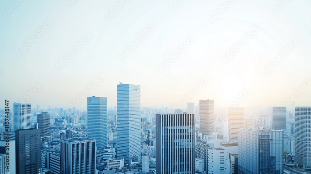 Fototapeta premium City Skyline Dawn: A serene and minimalist cityscape bathed in the soft glow of dawn, showcasing the architectural grandeur of a modern metropolis. The image evokes a sense of tranquility, ambition.