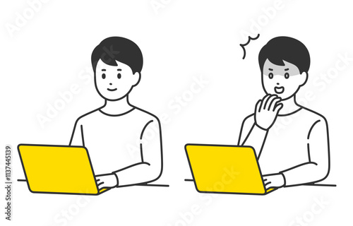 パソコンを見る･ショックのポーズをする若い男性のセット【人物ベクターイラスト素材】