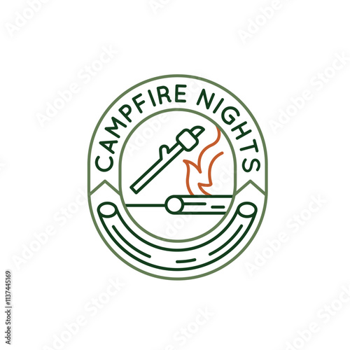 Simple Logo with Campfire icon. Simple badge for representation of a camp, ideal for showcasing themes of travel mobile living. Perfect for use in apps, websites, print materials. Vector illustration.