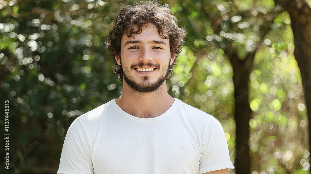 Smiling Man in Nature: A young man with curly hair and a beard smiles warmly for the camera, radiating a sense of contentment and tranquility. Framed by lush green foliage. Smiling Man in Nature: A young man with curly hair and a beard smiles warmly for the camera, radiating a sense of contentment and tranquility. Framed by lush green foliage.