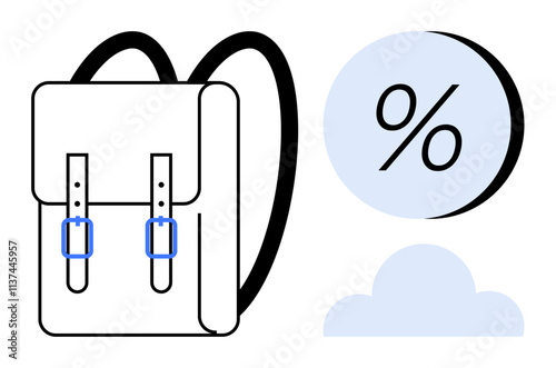 Backpack with straps and buckles beside a percentage symbol and a cloud. Ideal for back-to-school promotions, sales, discount announcements, education, travel, e-commerce, and weather-themed