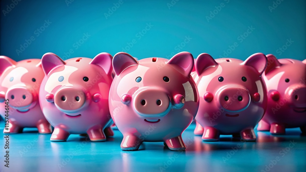 Close-up Macro Photography of Pink Piggybanks on a Vibrant Blue Background Ideal for Financial Themes, Savings Concepts, and Colorful Decorative Imagery