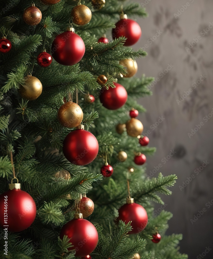 Evergreen branches from a Christmas tree with red and gold ornaments, decorations, Christmas Evergreen branches from a Christmas tree with red and gold ornaments, decorations, Christmas