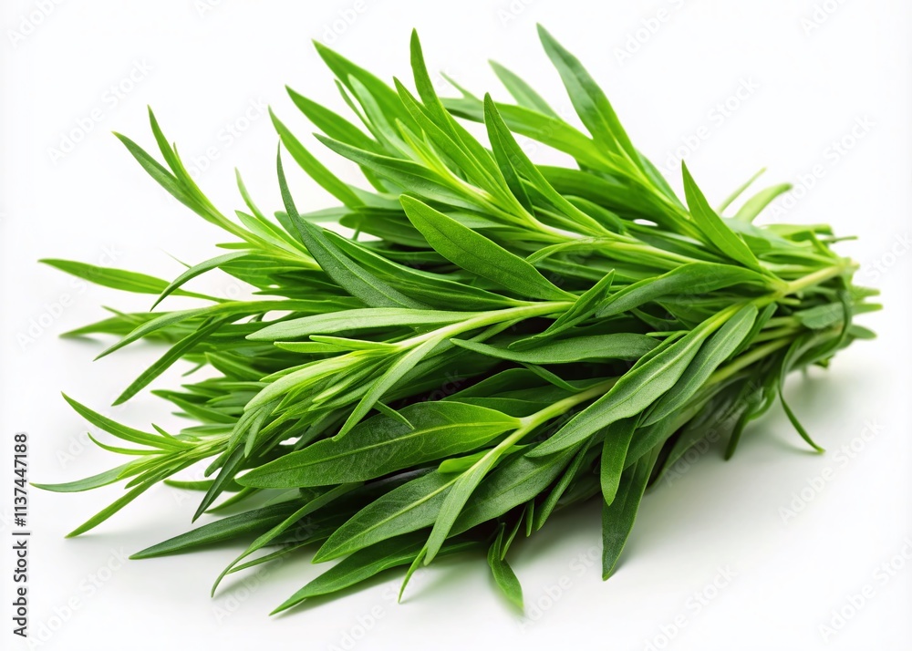 Fototapeta premium Close-Up Tarragon Herbs, Fresh Tarragon, Culinary Herb, Aromatic Tarragon, Isolated Tarragon Leaves, White Background, Food Photography, Herb Photography, Green Tarragon, Cooking Herbs,