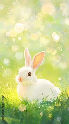 Adorable white rabbit on sunny meadow