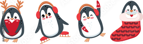 Cute Penguins in winter activities set. Holiday concept for Christmas, Valentine day