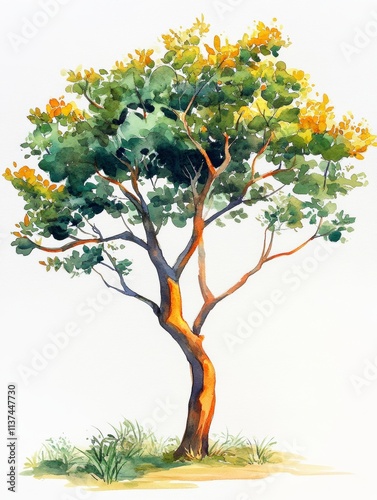 Minimalist Tree Watercolor Illustration on White Background, ideal for nature, simplicity and serenity themed designs Generative AI photo