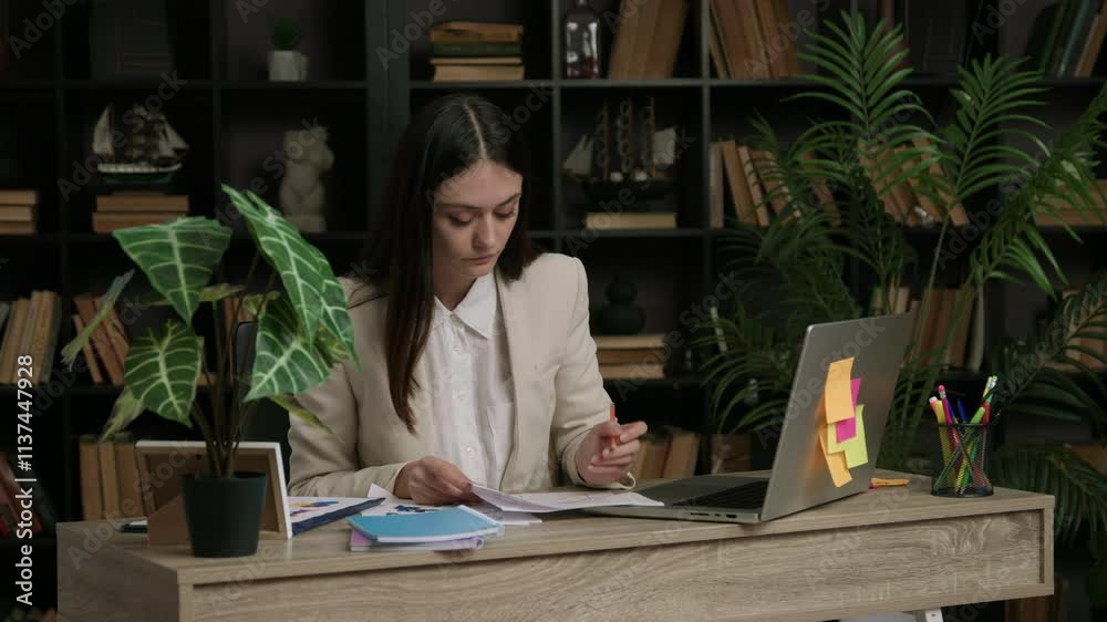 Accountant reviews financial report and corrects calculations Accountant reviews financial report and corrects calculations