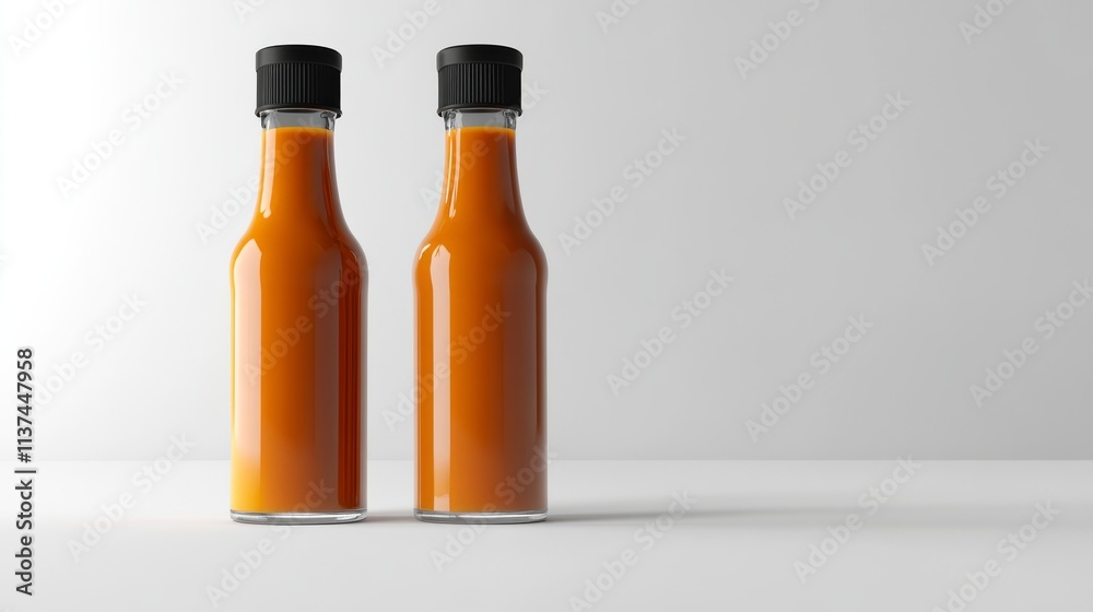 Hot sauce bottles stand on white background, minimalist, product mockup..