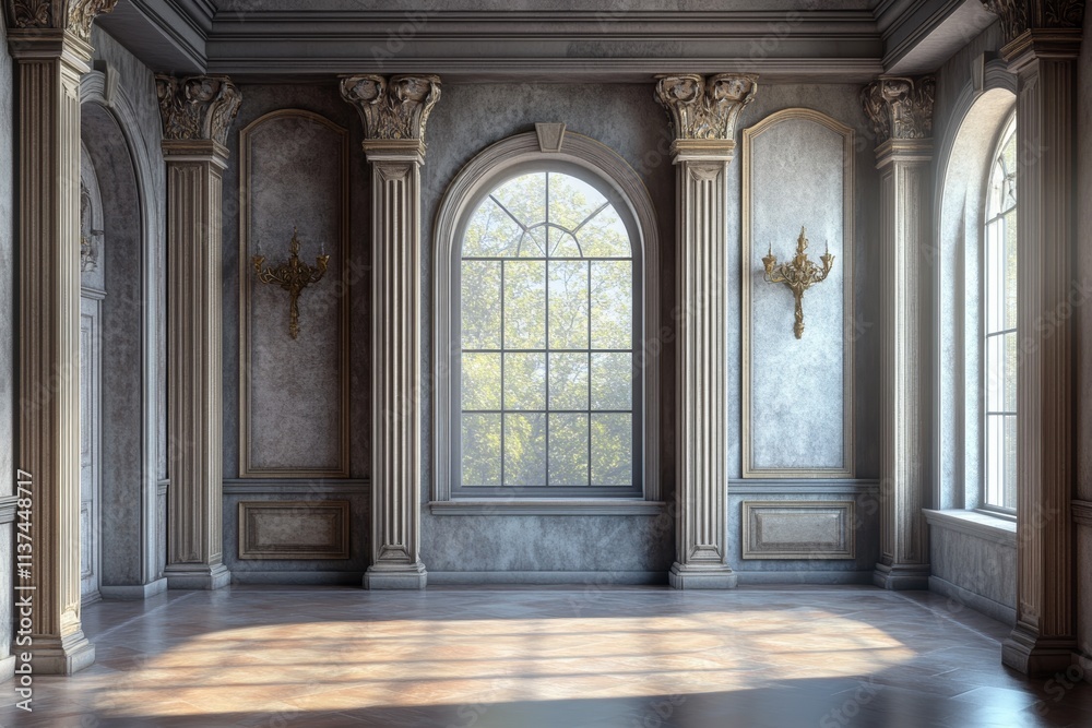 Fototapeta premium Elegant Sunlit Grand Hall Interior with Classic Architectural Details.