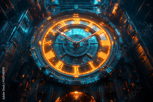 A futuristic clock with glowing orange accents in a dark, high-tech environment. photo