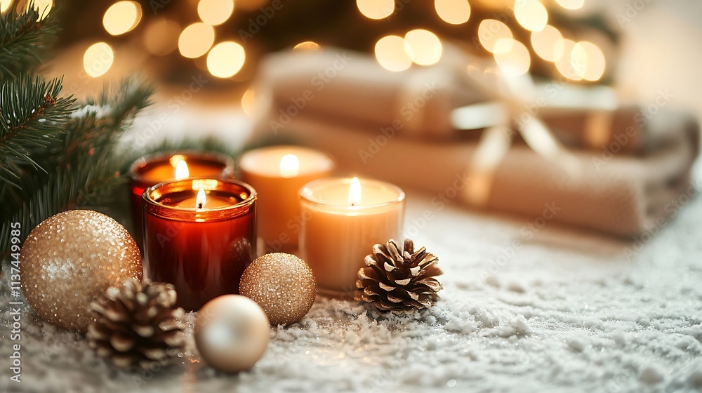 Festive candles, pine cones, ornaments, and towels on snowy surface with blurred lights. Festive candles, pine cones, ornaments, and towels on snowy surface with blurred lights.