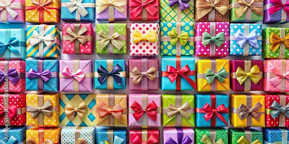 Colorful Gift Boxes Aerial View, Nine Presents, Top-Down Shot, Birthday Gifts, Holiday Packaging, Festive Boxes, Gift Wrap, Celebration Supplies Colorful Gift Boxes Aerial View, Nine Presents, Top-Down Shot, Birthday Gifts, Holiday Packaging, Festive Boxes, Gift Wrap, Celebration Supplies