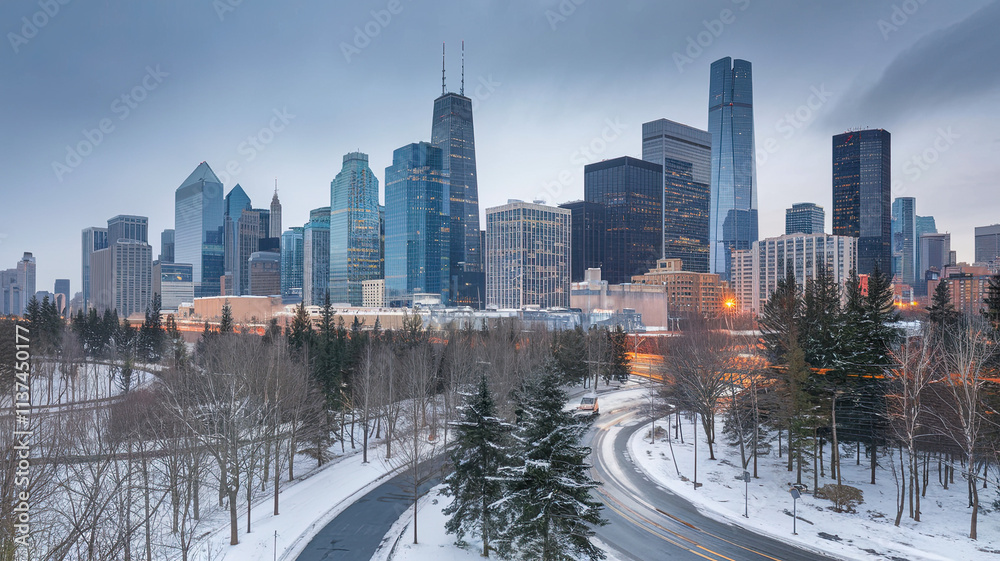 Obraz premium Bustling Urban Winter Landscape with Tall Skyscrapers and Reflective Glass Exteriors, Snow-Covered Trees at the Base, Winding Road with Vehicles, Shimmering City Lights Against Overcast Sky, Serene 