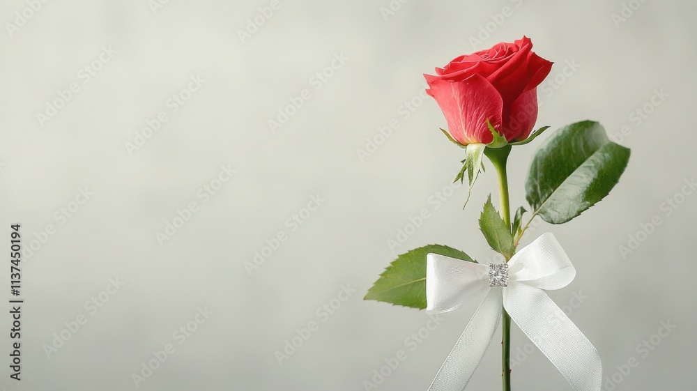 Promise ring rose concept. Single red rose with a white ribbon on a soft background. Promise ring rose concept. Single red rose with a white ribbon on a soft background.
