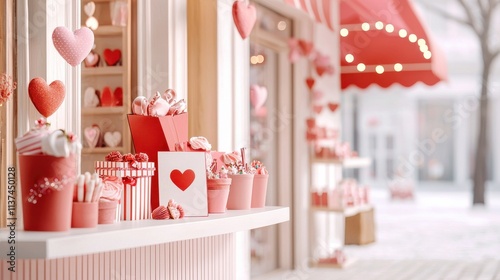 Valentine decor campaign. Charming storefront decorated with pink and red sweets for a festive occasion. photo