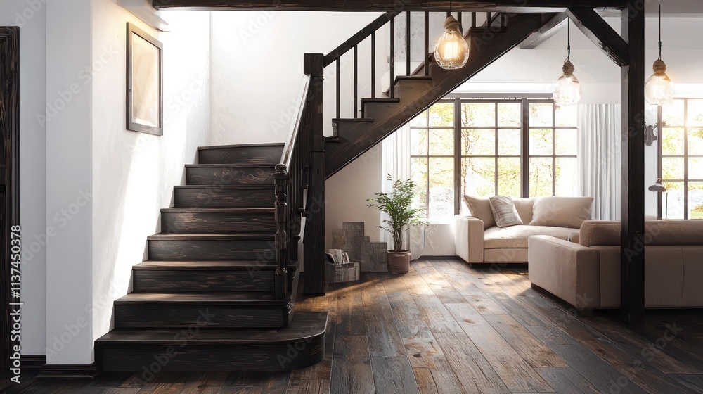 Cozy living space with a rustic staircase, dark wood steps, and soft lighting. Cozy living space with a rustic staircase, dark wood steps, and soft lighting.