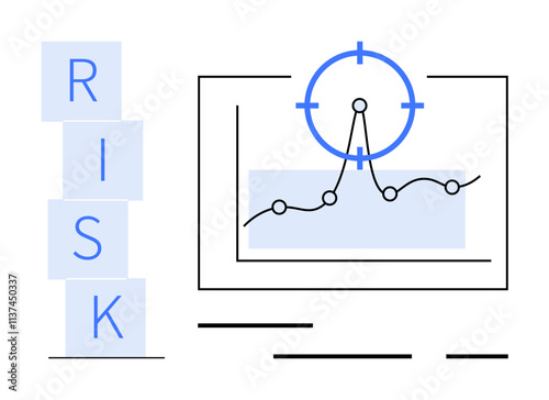 Graph with fluctuating line monitored by blue target symbol, indicating risk assessment. Letters RISK vertically stacked. Ideal for business strategy, finance, project planning, analytics, decision
