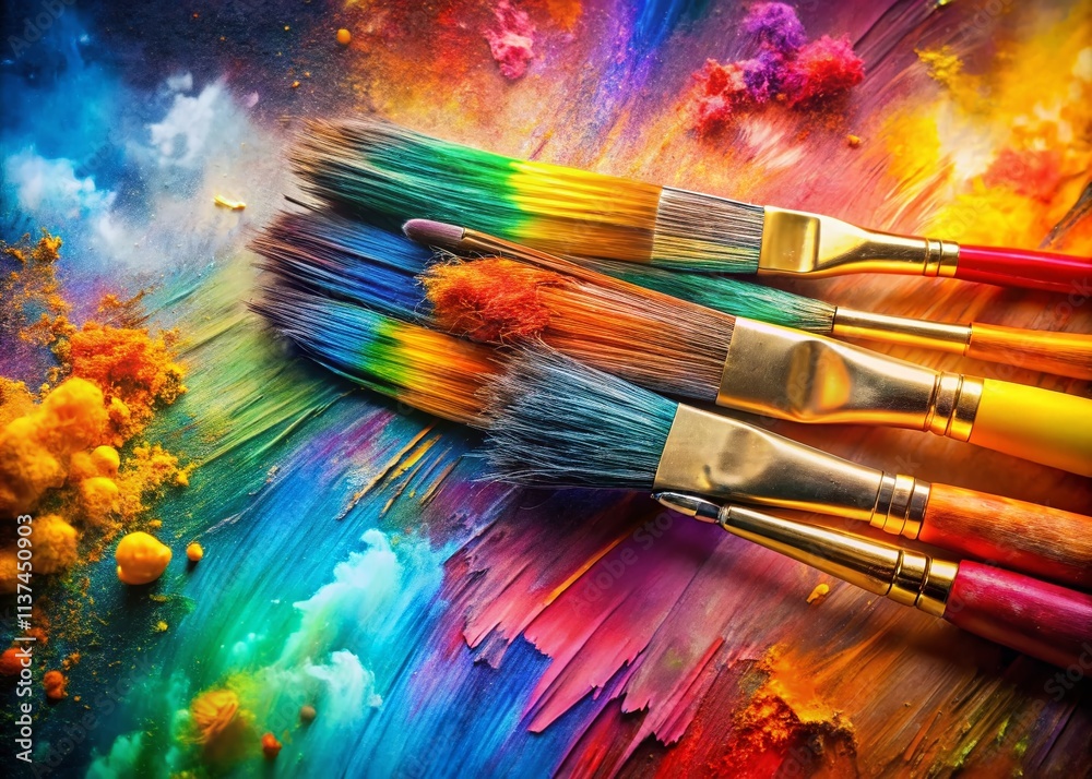 Fototapeta premium Colorful Oil Paint Brush Strokes Double Exposure Abstract Art - High Resolution Painting Texture Image