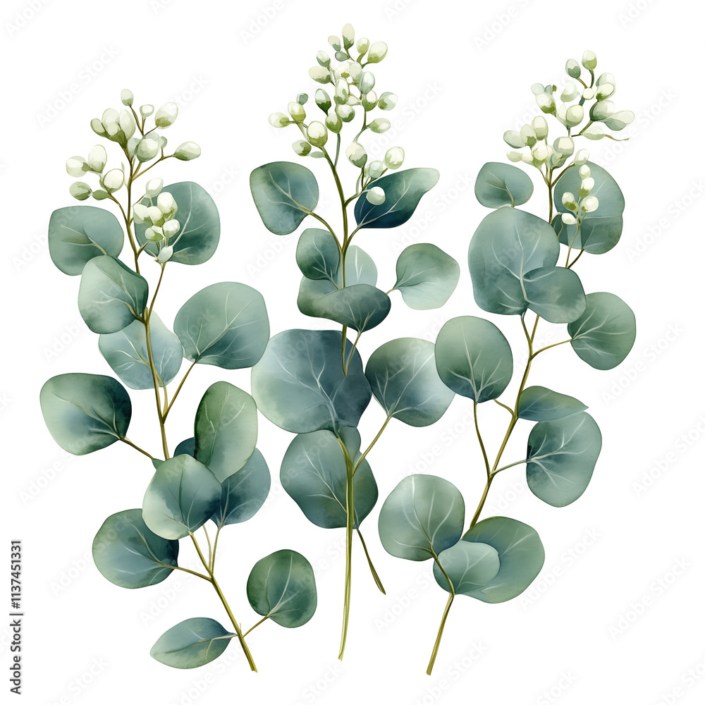 Obraz premium Watercolor Eucalyptus in a clipart style, with a white background