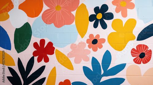 Vibrant mural featuring colorful flowers and leaves in chic cafe