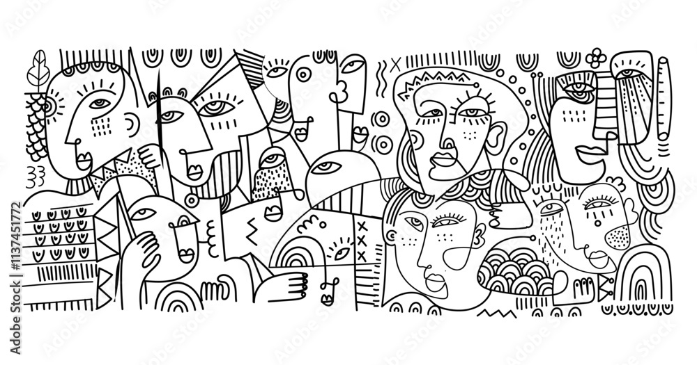 abstract hand drawing face portrait geometric decorative doodle outlines vector illustration. Line art black and white aesthetic design for wall art, prints, cards, decoration, banner and background. abstract hand drawing face portrait geometric decorative doodle outlines vector illustration. Line art black and white aesthetic design for wall art, prints, cards, decoration, banner and background.