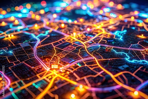 Conceptual Photography of a Neon-Illuminated Map of Birendranagar, Nepal Highlighting Key Locations and Features in a Vibrant, Futuristic Style photo