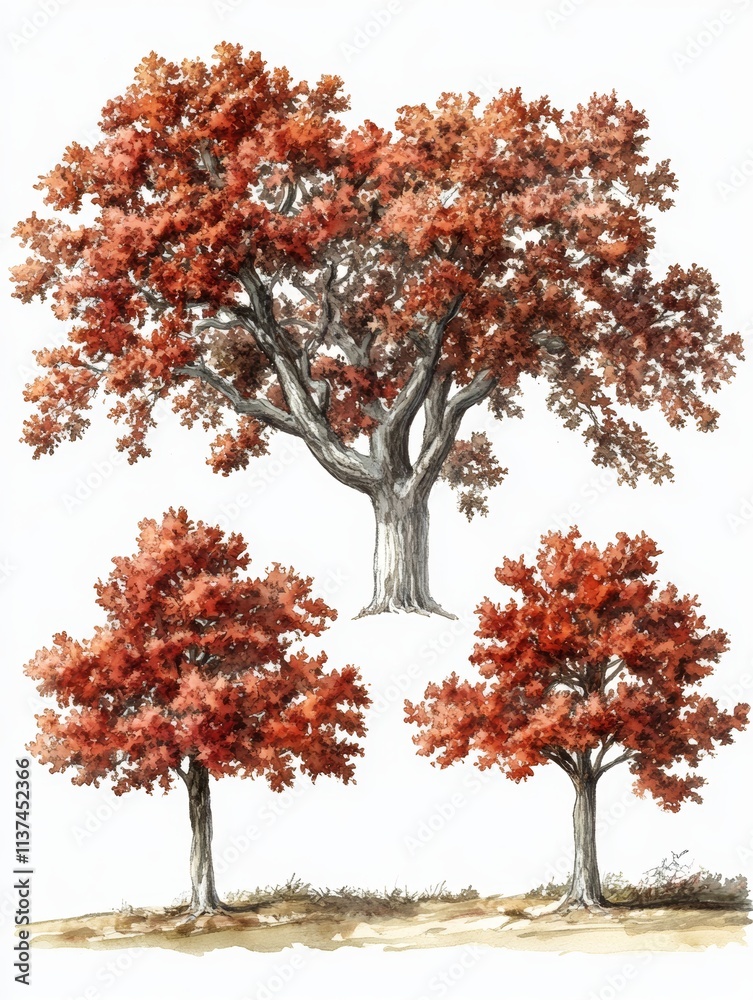Naklejka premium Scarlet Oak Tree in Watercolor Illustration, potential usecase for botanical, gardening, and nature designs Generative AI
