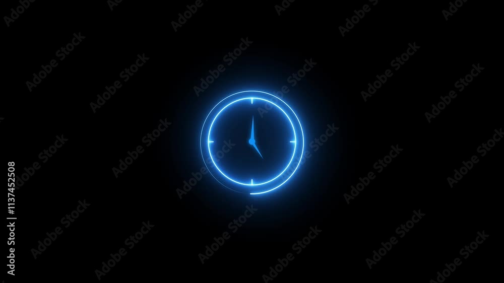 Clock icon neon glowing cyan color animation. analog clock isolated on black background .