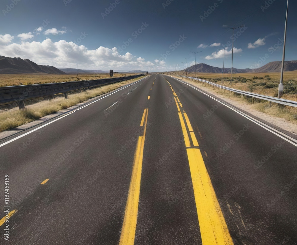 Fototapeta premium Highway with two bright yellow lines stretching into the distance, countryside, destination