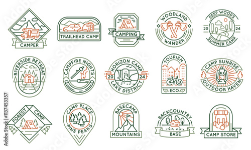 Camping and outdoor adventure logos, labels, icons. A set of 15 camping logotypes. Camper, Bear, Lake, Mountains, Forest. Ideal for branding campsites, outdoor gear, adventures. Vector illustration