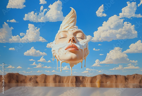 Surreal face melting into ice cream, floating mid-air under a blue sky