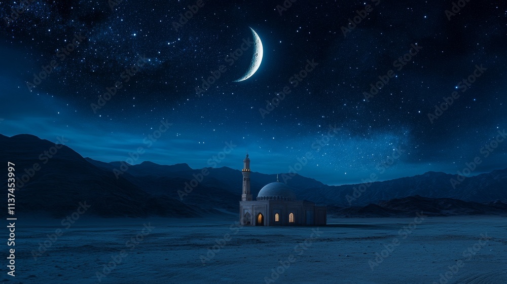 A serene nighttime scene featuring a mosque, islamic, islam, background under a crescent moon and starry sky. A serene nighttime scene featuring a mosque, islamic, islam, background under a crescent moon and starry sky.