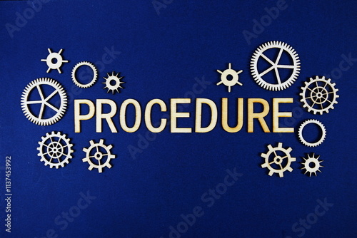 Procedure alphabet letters with gears element on navy blue background photo