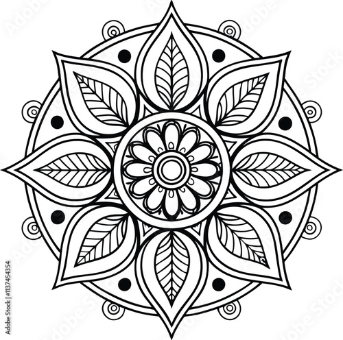 Isolated flower mandala in vector. Round line pattern. Vintage monochrome element for coloring pages and design