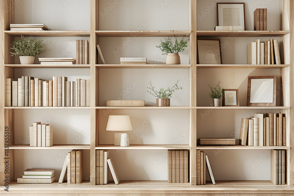 Organized Bookshelf with Books, Decorative Items, and Accent Lighting in a Cozy Reading Nook Organized Bookshelf with Books, Decorative Items, and Accent Lighting in a Cozy Reading Nook