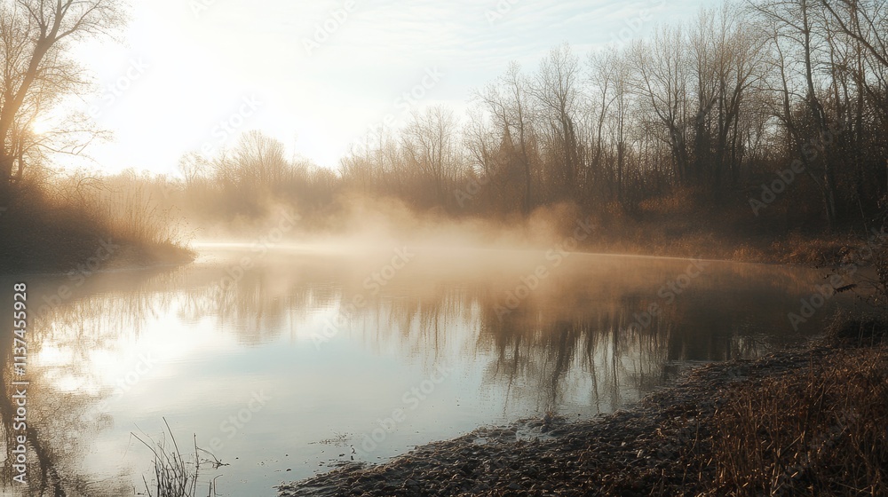 Serene Foggy Morning by a River with Soft Light Reflection Generative AI Serene Foggy Morning by a River with Soft Light Reflection Generative AI