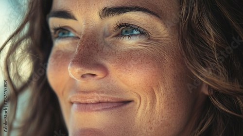 A close-up of a diverse woman's face captures her confidence and resilience, with a radiant smile that symbolizes inner strength and self-empowerment.