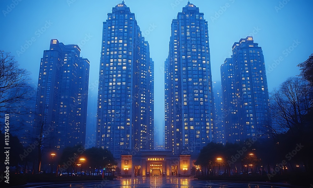 Obraz premium Illuminated Skyscrapers at Dusk in a Misty City