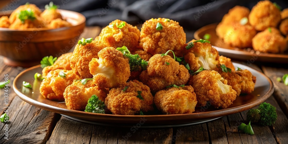 Crispy Fried Cauliflower, Breadcrumb Coating, Closeup Top View, Night Food Photography Crispy Fried Cauliflower, Breadcrumb Coating, Closeup Top View, Night Food Photography