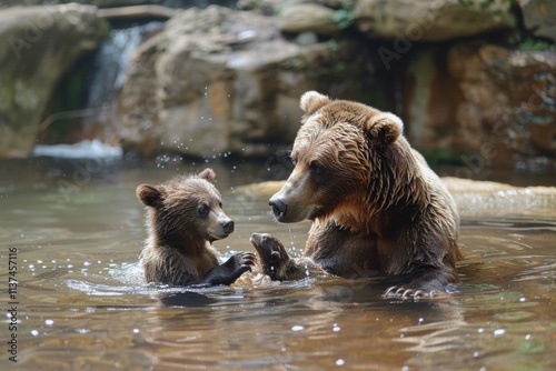 A mother bear and her cub are playing in a river. Generative AI photo