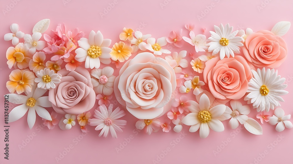 Pastel-colored fondant flowers arranged on pink background.