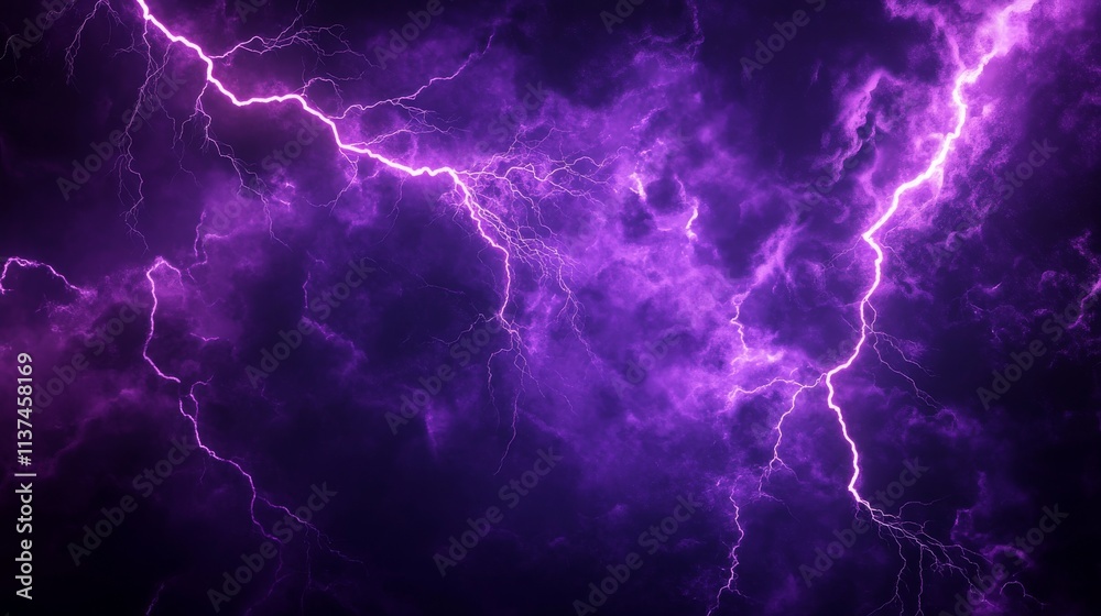 Naklejka premium Purple lightning strikes across stormy night sky, dramatic background