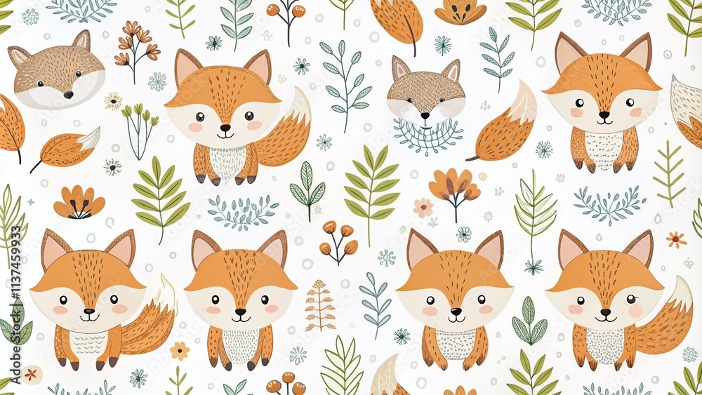 Obraz premium Cute Fox Seamless Pattern: Childish Hand-Drawn Scandinavian Style Repeating Print for Kids