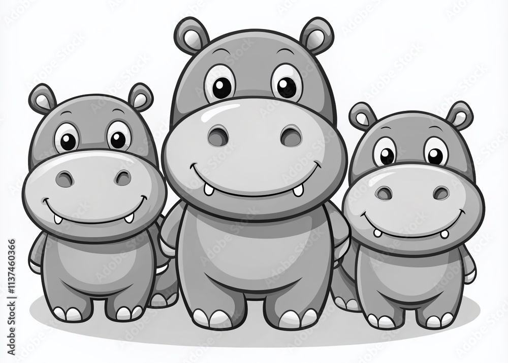 Naklejka premium Cute Hippo Coloring Pages: Black & White Cartoon Hippo Illustrations for Kids