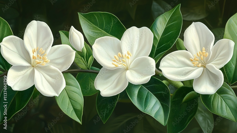 Three Delicate White Blossoms Adorn A Branch With Lush Green Leaves Three Delicate White Blossoms Adorn A Branch With Lush Green Leaves