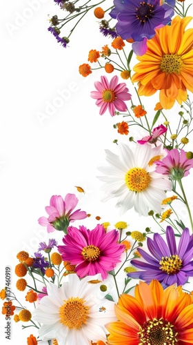 Colorful Summer Flowers Blanket with Daisy, Cosmos, Aster, Zinnia, Tickseed, Sunflower, and Doronicum on White Background, Perfect for Spring and Summer Decorations Generative AI